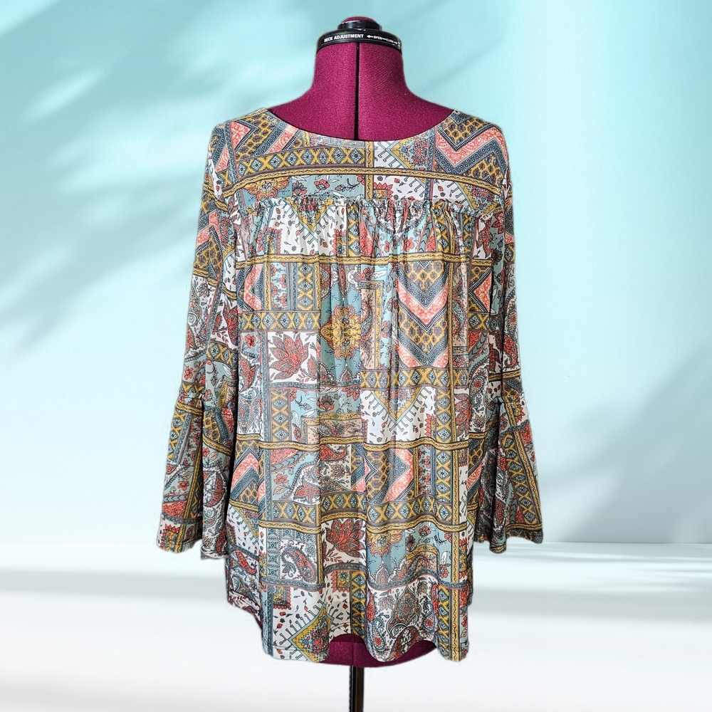 Bobby Brooks Boho Patchwork Peasant Blouse - Multicolor